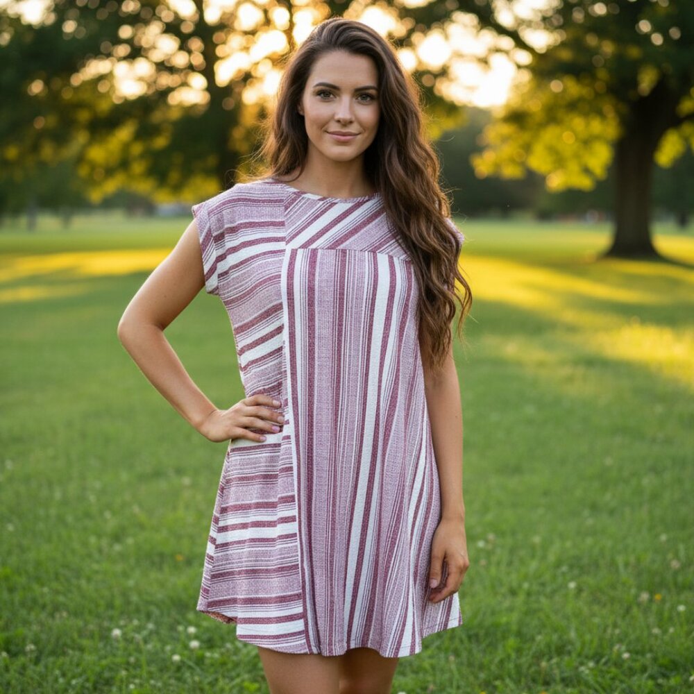 Altar'd State S Mini Dress Burgundy Stripe SS Swing Gauzy Cotton Boho Coastal